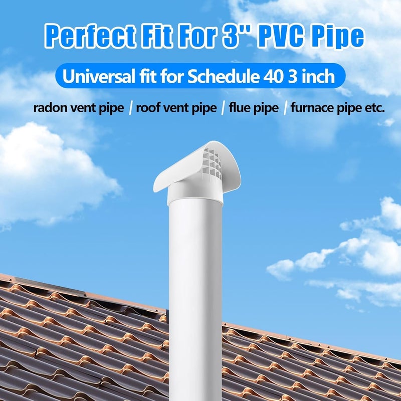 Bghdas 3" Radon Vent Cap for Schedule 40, 3 inch PVC Vent Cap, 76001 Roof Vent Cover, for Radon Fan Pipe/Flue Pipe/Roof Pipe, Protects Radon Fan Motor and Pipe, Protects from Rain, Snow, Leaves and Animals - Image 5